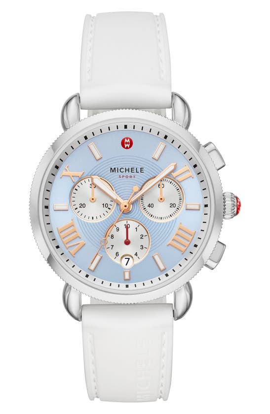 Michele Sport Sail Chronograph Watch Head With Silicone Strap, 38mm In White/ Sky Sunray/ Silver