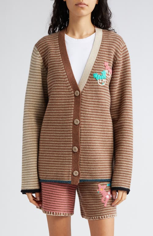 Embroirdered Colorblock Stripe Wool V-Neck Cardigan in Mink/Hazelnut