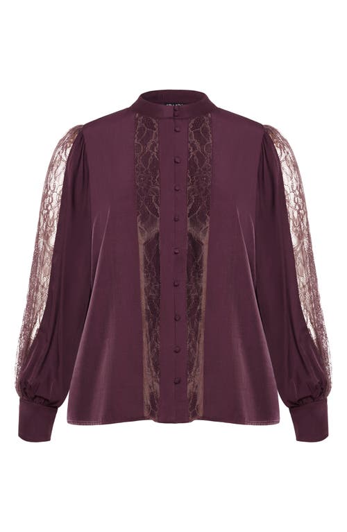 City Chic Georgia Lace Inset Sateen Button-up Shirt In Dusty Mauve