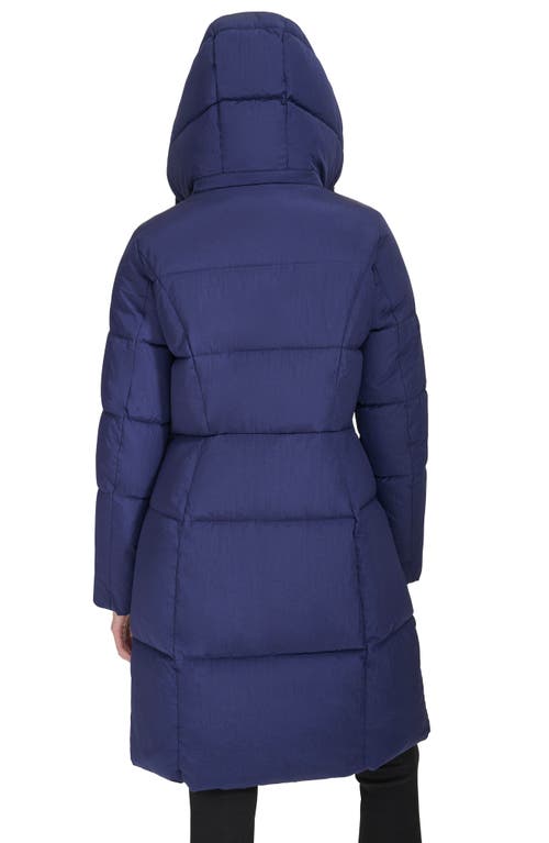 Shop Cole Haan Channel Quilted Shimmer Nylon Puffer Coat With Removable Hood In Navy