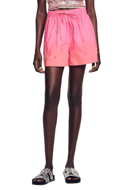 Shop Sandro Season Embellished Cotton Drawstring Shorts In Pink/orange