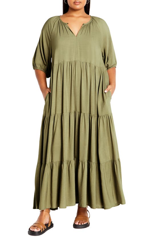 City Chic Brynn Tiered Maxi Dress In Olive