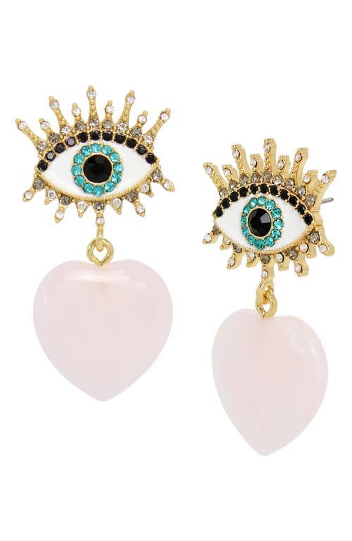 Quartz Heart Evil Eye Drop Earrings in Pink