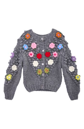 Saachi Flower Pompom Cardigan In Grey