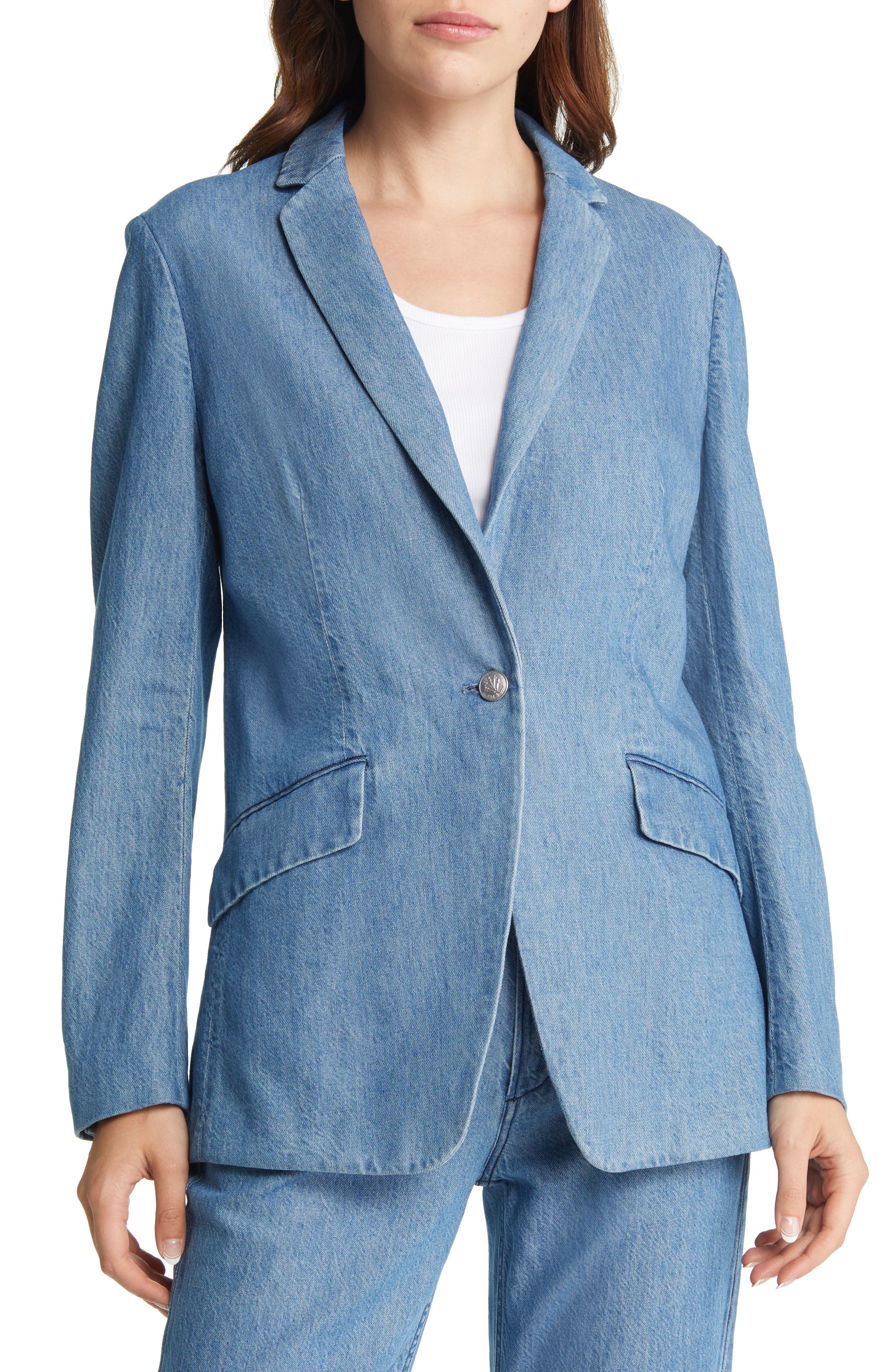 RAG & BONE Margot Cotton & Linen Denim Blazer, Alternate, color, DARK