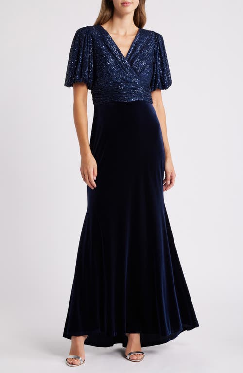 Eliza J Sequin & Velvet Mermaid Gown in Navy 