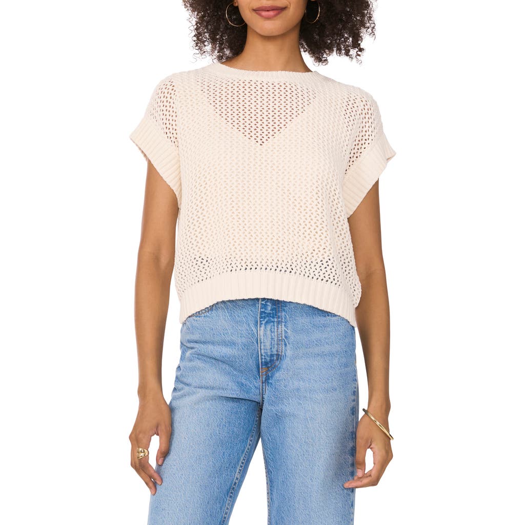 Vince Camuto Open Stitch Short Sleeve Cotton Sweater In Milk