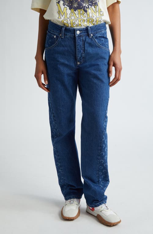Crescent Moon Panel Straight Leg Jeans in Blue