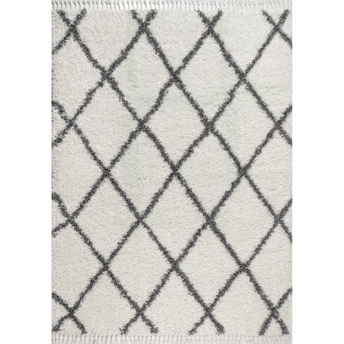 Jonathan Y Mercer Shag Plush Tassel Moroccan Geometric Trellis Denim Area Rug In Cream/gray