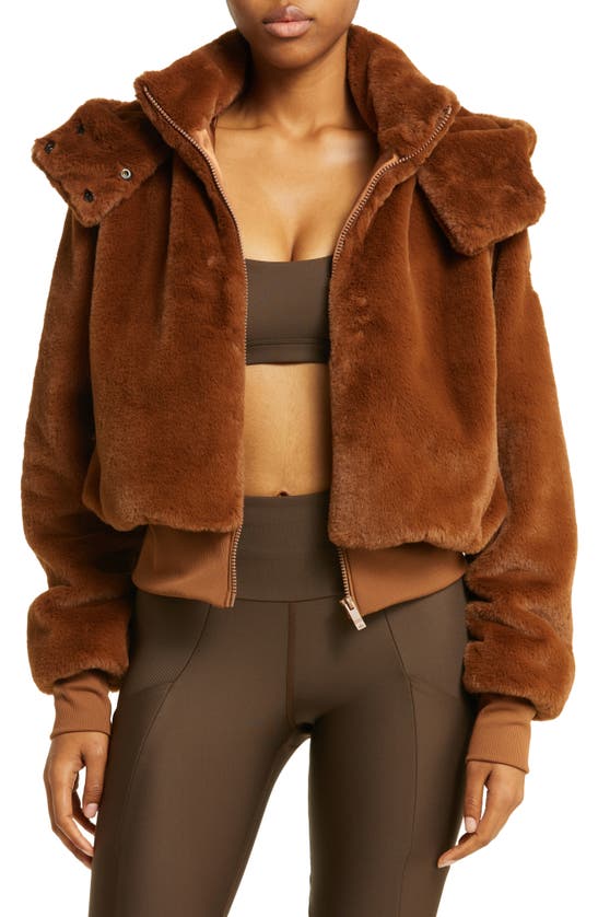 Alo Yoga Foxy Faux Fur Hooded Jacket In Chocolate