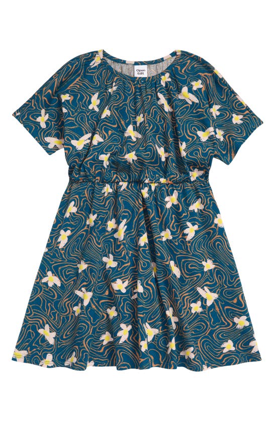Open Edit Kids' Easy Flared Dress In Teal Corsair Brushed Floral