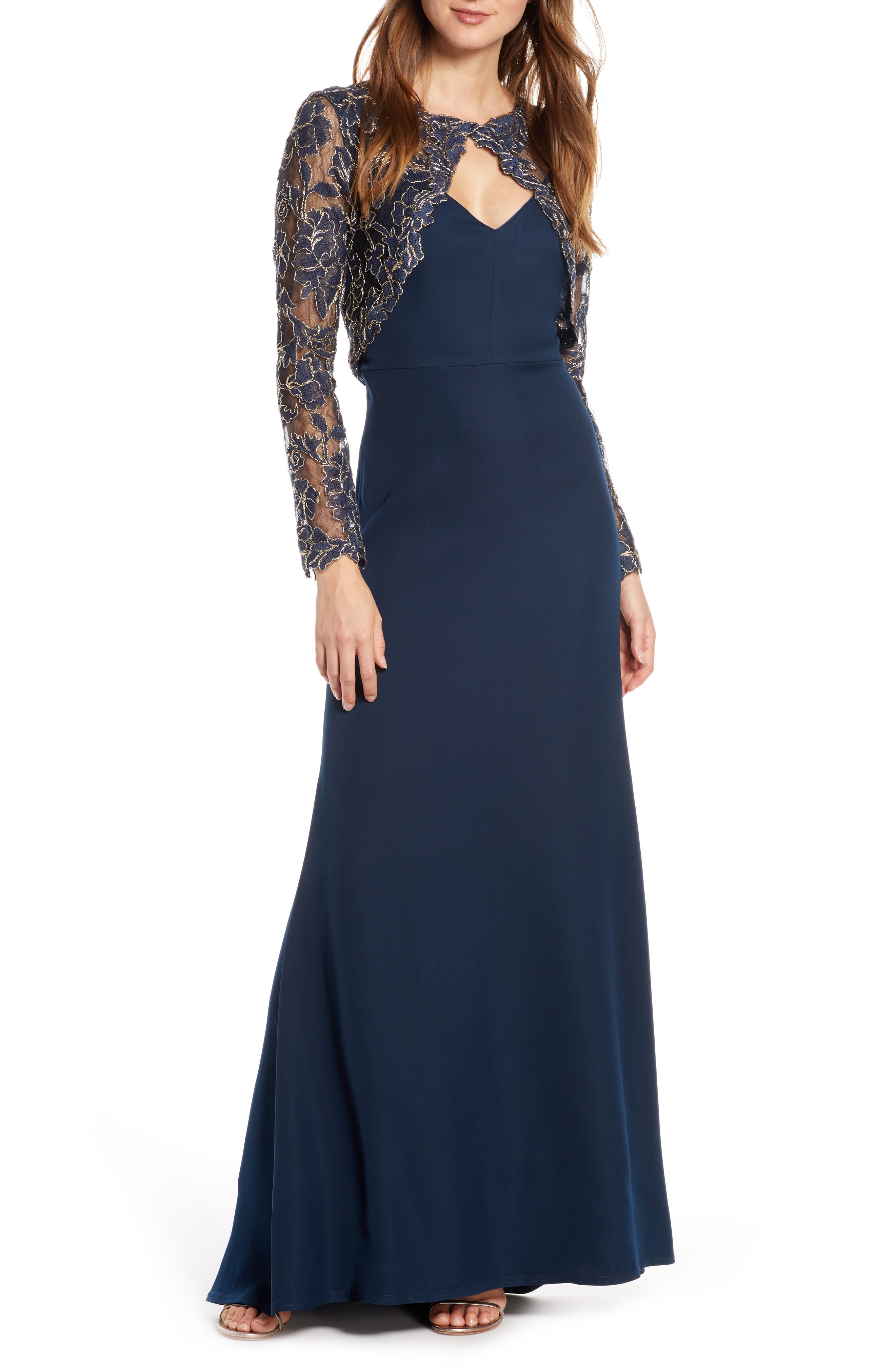 Tadashi Shoji Crepe & Embroidered Lace Gown, Blue