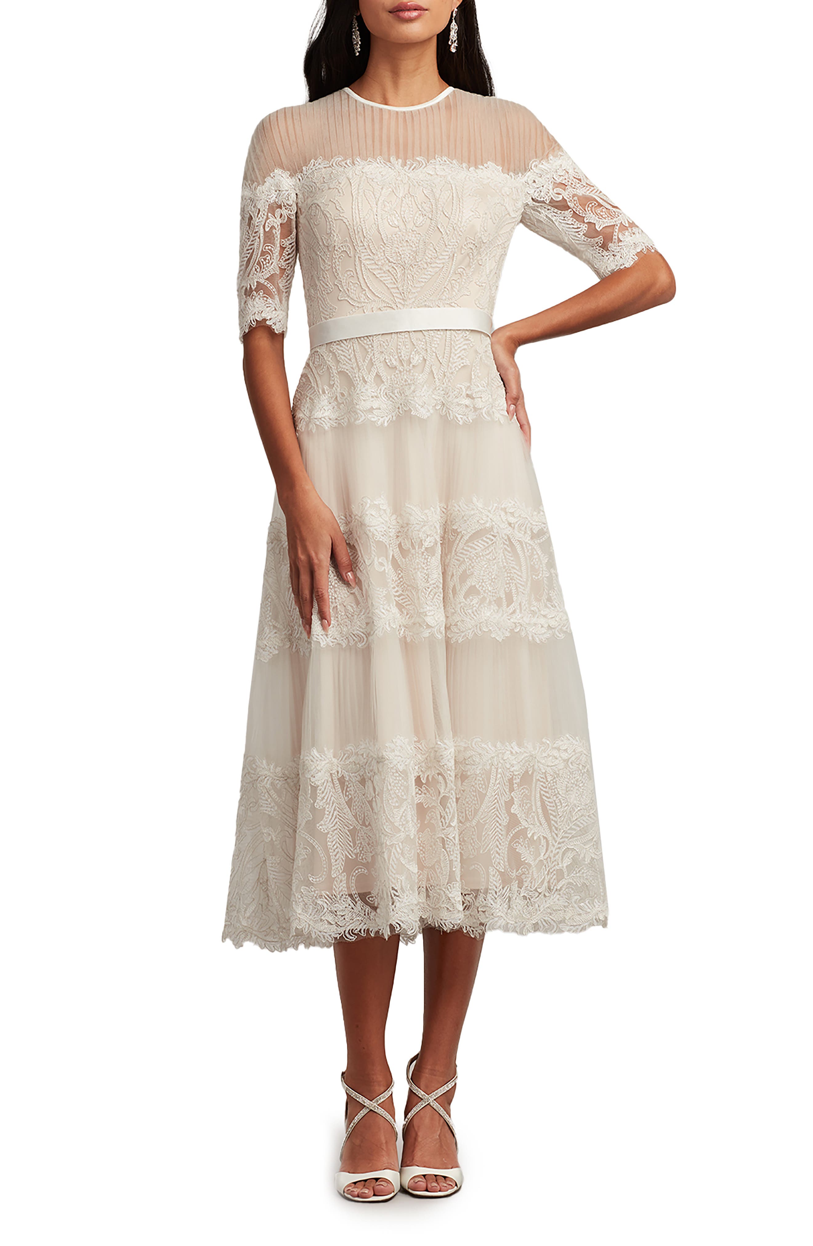 Tadashi Shoji Tiered Lace Cocktail Midi Dress in Ivory/Petal | Smart Closet