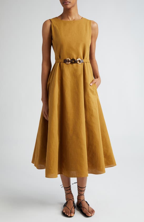 Shop Max Mara Amelie Sleeveless Cotton & Linen Belted Dress In Mustard