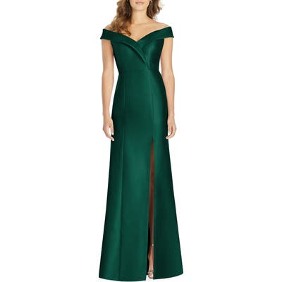 Alfred Sung Portrait Collar Satin Gown, Green