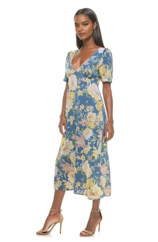 Shop Socialite Puff Sleeve Bias Midi Dress In Blue Floral