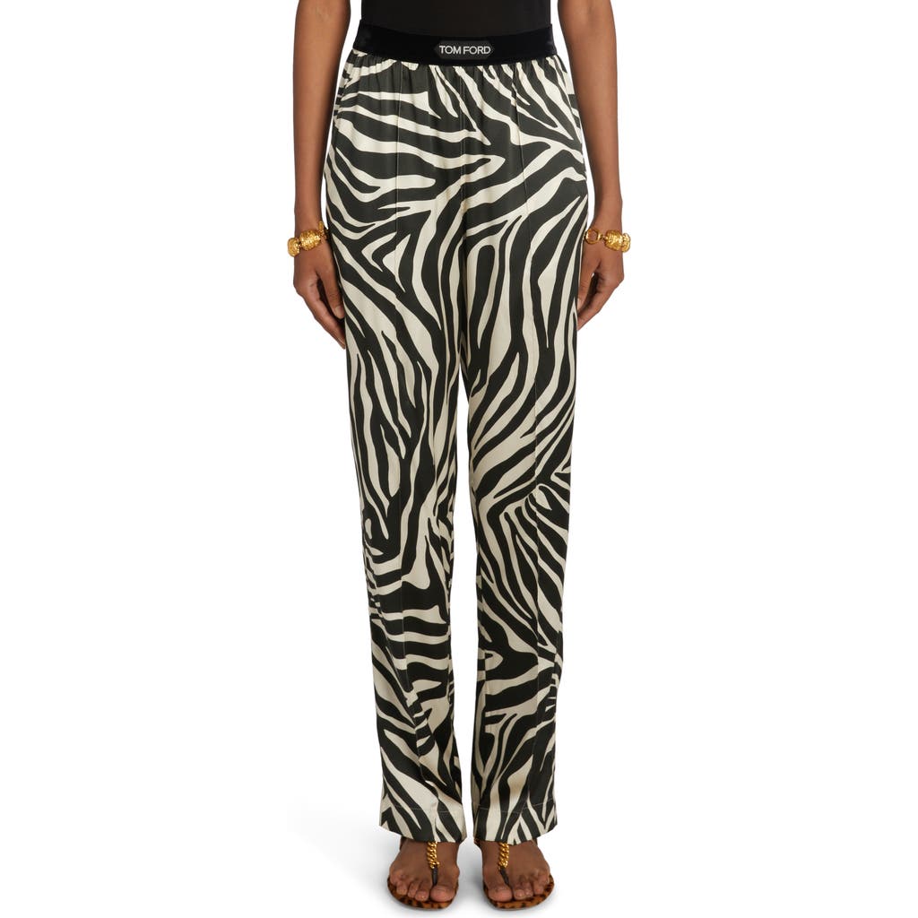 Tom Ford Zebra Print Stretch Silk Satin Pyjama Trousers In Ecru/black