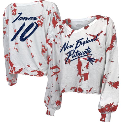 Women's Majestic Threads Mac Jones White New England Patriots Off-Shoulder Tie-Dye Name & Number Cropped Long Sleeve V-Neck T-Shirt