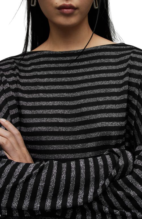 Allsaints Rita Stripe Long Sleeve Boat Neck T-shirt In Black Shimmer