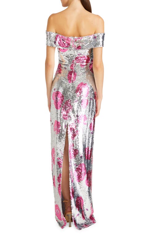 ml Monique Lhuillier Estelle Sequin Off The Shoulder Gown In Silver Dancing Poppies