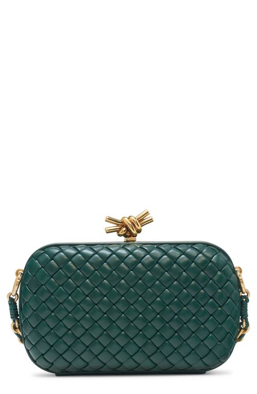 Shop Bottega Veneta Knot Clasp Intrecciato Leather Minaudière In Emerald Green/brass