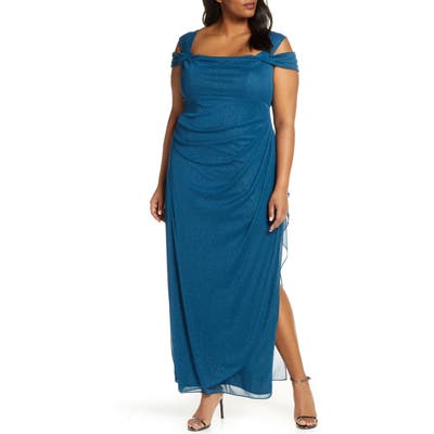 Plus Size Alex Evenings Cold Shoulder Sheath Gown, Blue/green