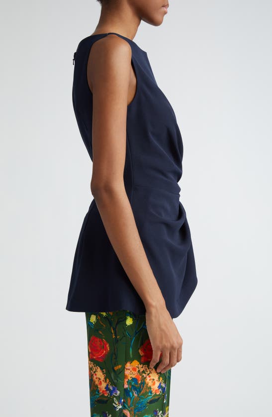 Shop Lela Rose Ruched Bateau Neck Stretch Crepe Top In Navy