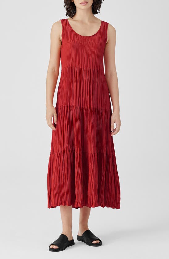 Shop Eileen Fisher Tiered Pleated Silk Midi Dress In Flame