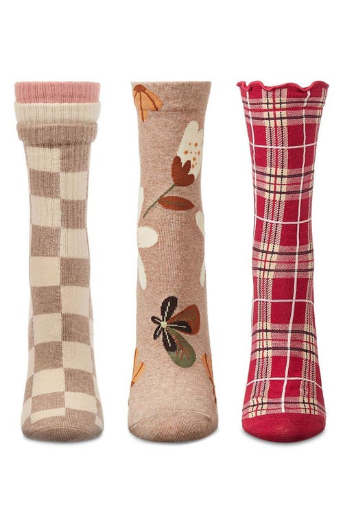Memoi Assorted 3-pack Crew Socks In Brown Heather