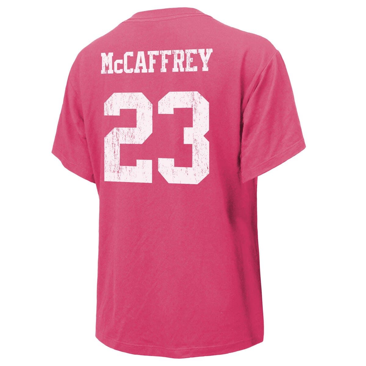 Women's Majestic Threads Christian McCaffrey Scarlet San Francisco 49ers Name & Number Off-Shoulder Script Cropped Long Sleeve V-Neck T-Shirt