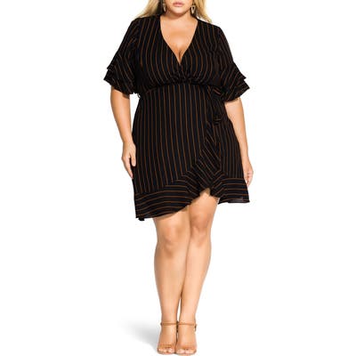 Plus Size City Chic Golden Stripe Wrap Front Dress, Black