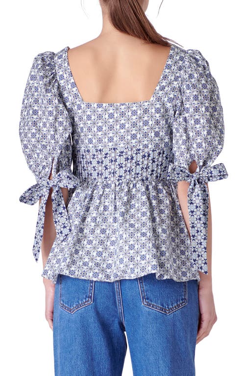 Shop English Factory Mixed Print Cotton Peplum Top In White/blue