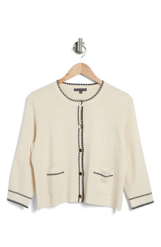 Adrianna Papell Tipped Button Front Cardigan In Cream/ Black