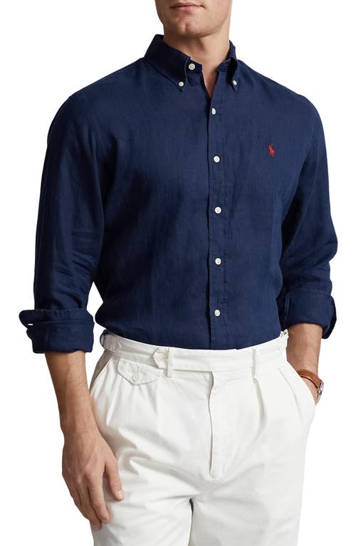 Polo Ralph Lauren Slim Fit Linen Button-Down Shirt Newport Navy at Nordstrom,