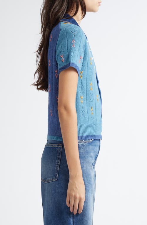 Shop Yanyan Daisy Embroidered Lambswool Cardigan In Denim