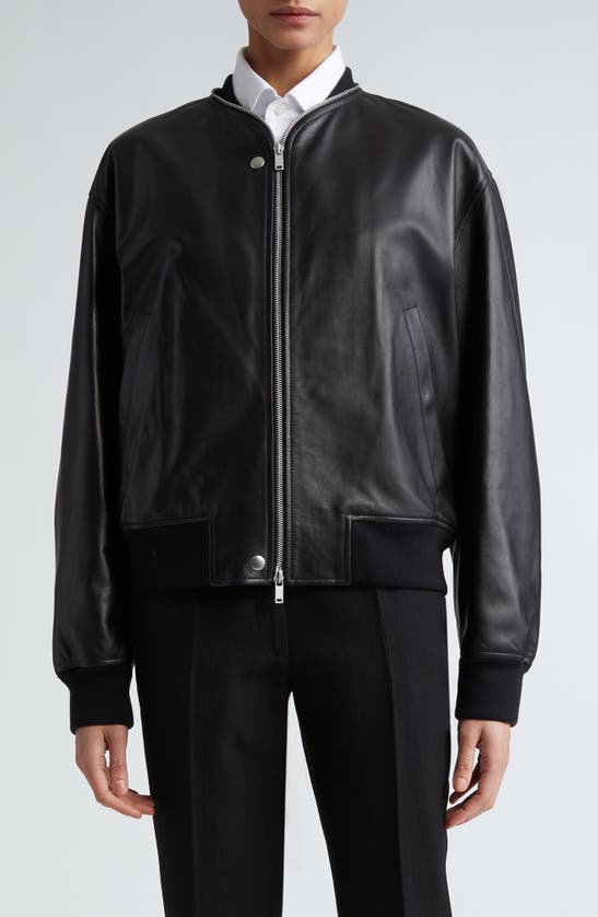 Shop Jil Sander Leather Bomber Jacket In Black