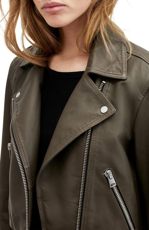 Shop Allsaints Dalby Crop Leather Biker Jacket In Tarmac Green