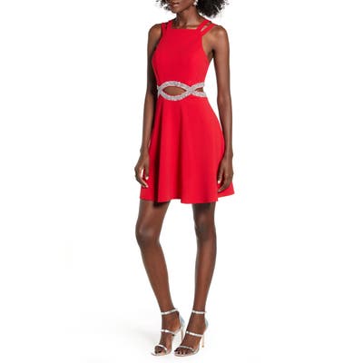Speechless Rhinestone Waist Cutout Fit & Flare Dress, Red