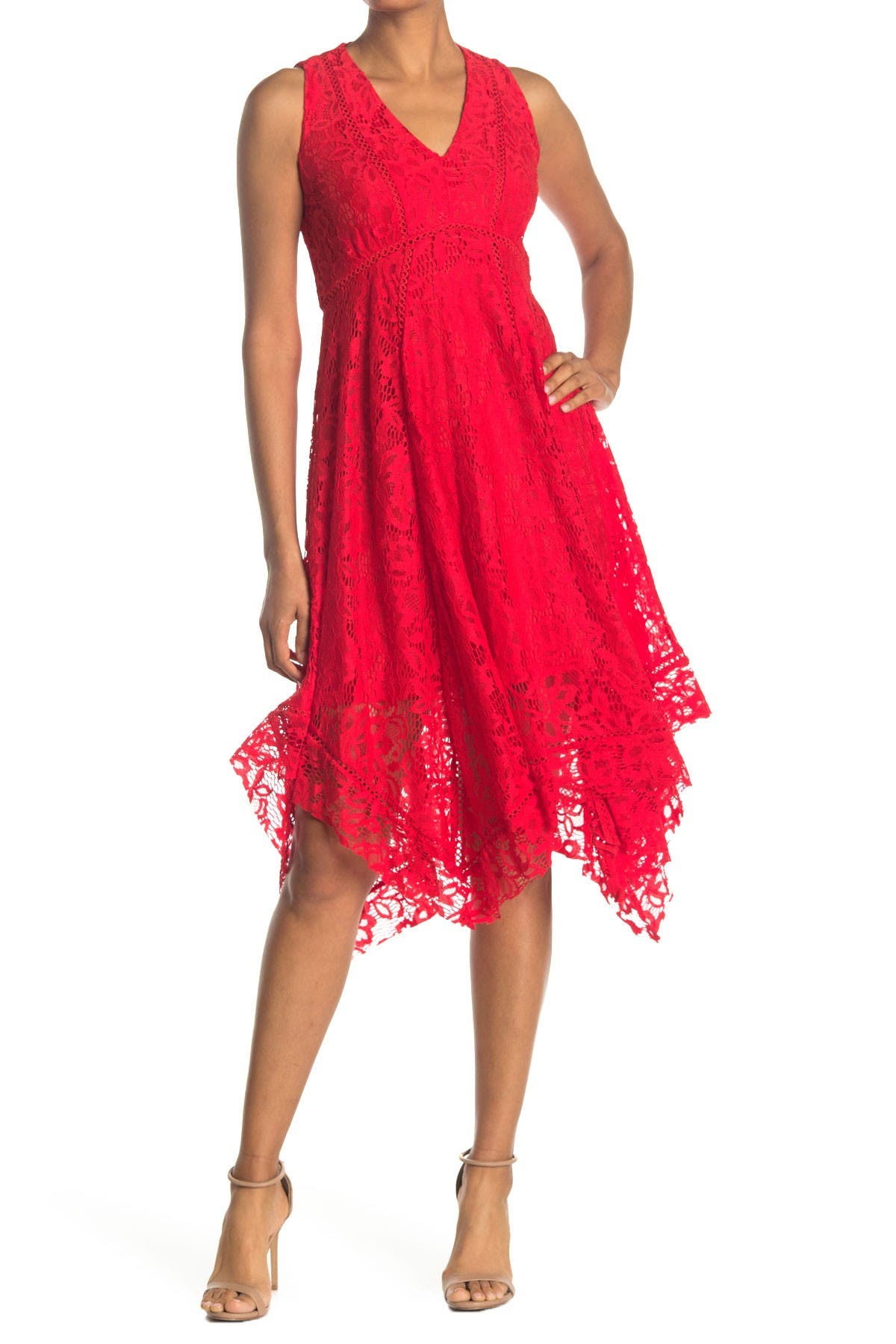 Taylor Lace Asymmetrical Midi Dress In Red