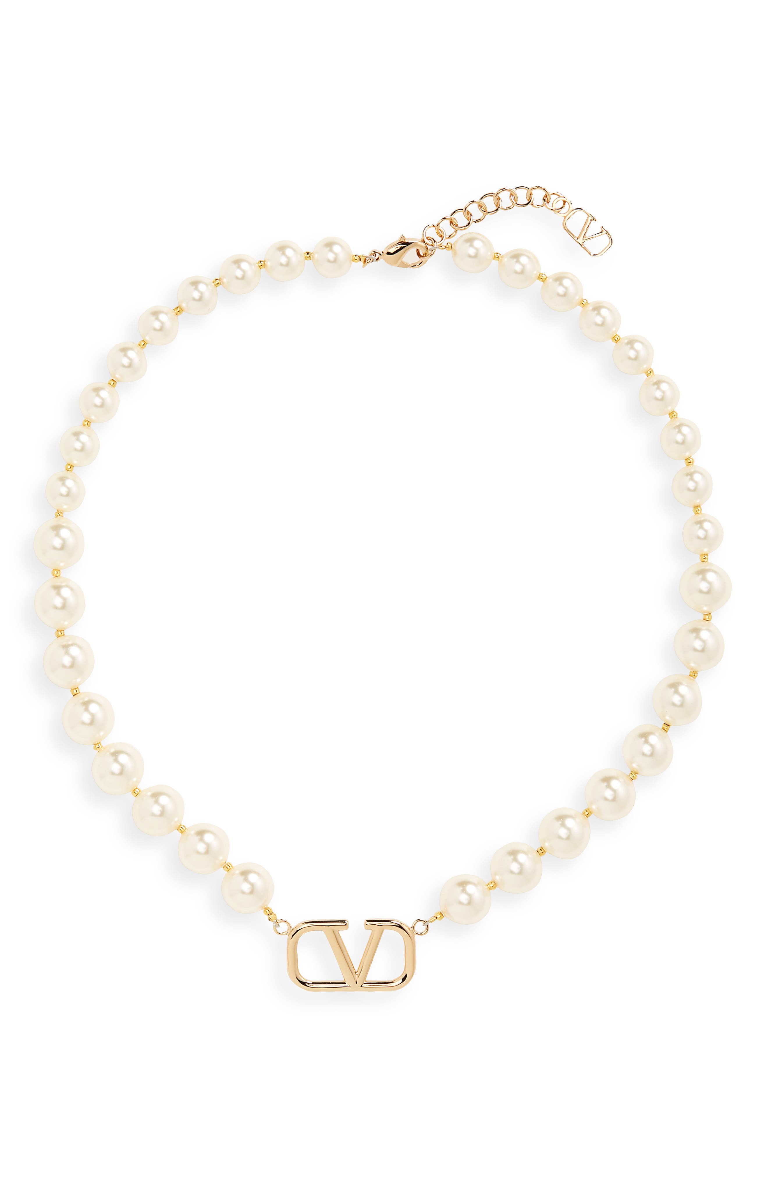 Valentino VLOGO Swarovski Imitation Pearl Necklace in Oro 18/Cream