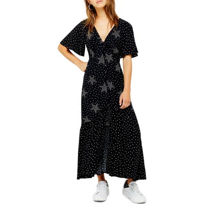 Petite Topshop Angel Sleeve Star Print Maxi Dress, P US (fits like 0P) - Black