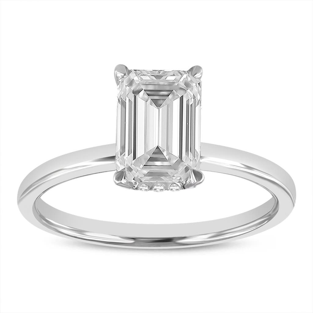 LUVMYJEWELRY LUVMYJEWELRY DELPHINE 14K WHITE GOLD EMERALD CUT LAB GROWN DIAMOND HIDDEN HALO ENGAGEMENT RING