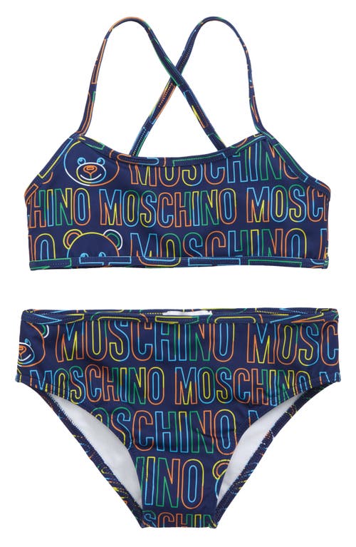 Moschino Kids' Logo Print Two-Piece Swimsuit in Navy Prnt