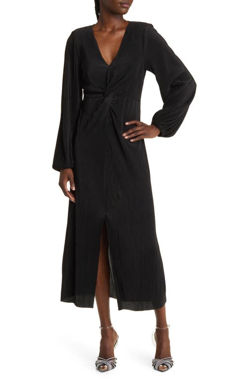 V-Neck Long Sleeve Plissé Midi Dress in Black