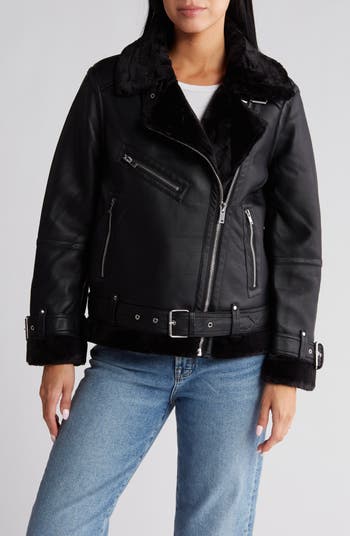 Topshop Tall Faux Leather Shearling Aviator Biker Jacket In Black