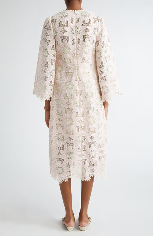 Shop Zimmermann Ottie Long Sleeve Guipure Lace Cotton Blend Midi Dress In Cream/pink