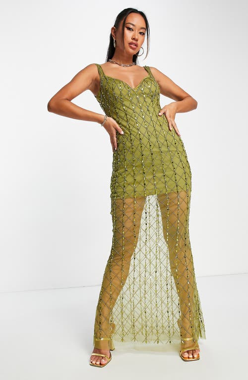 ASOS DESIGN Embellished Sheer Mesh Gown in Green Multi