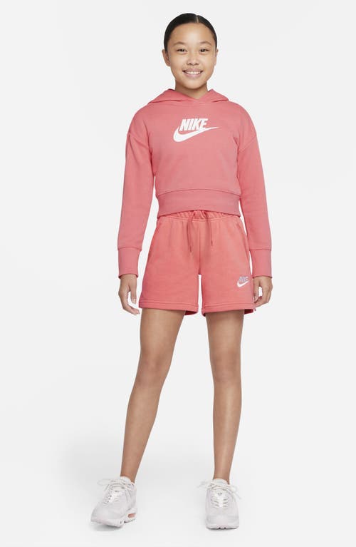 Shop Nike Kids' Club Crop Cotton Blend French Terry Hoodie In Pink Salt/white