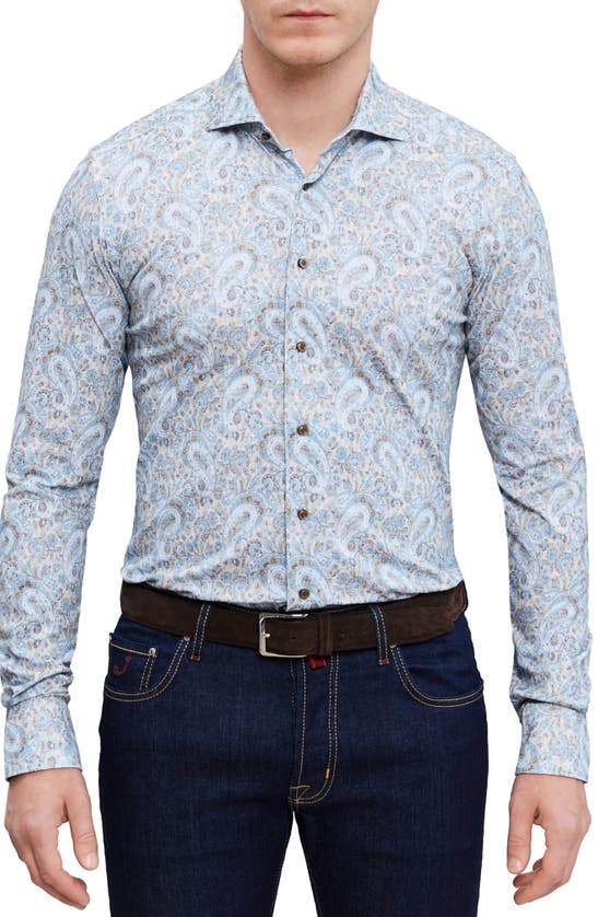 Shop Emanuel Berg 4flex Modern Fit Print Knit Button-up Shirt In Brown