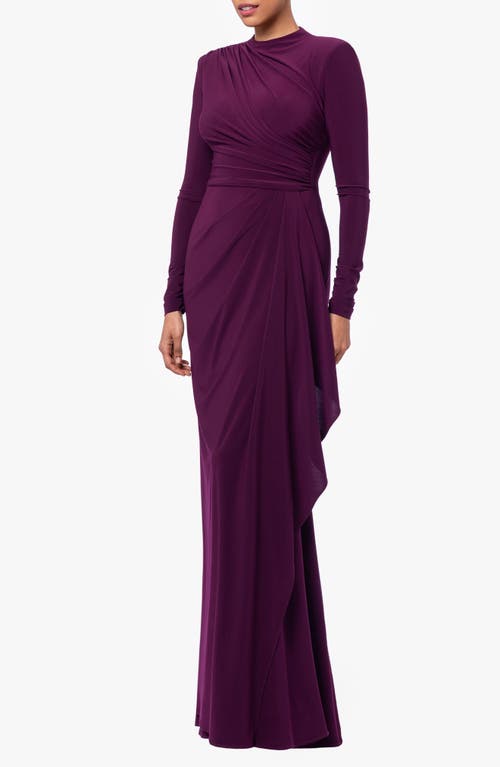 Betsy & Adam Ruffle Long Sleeve Sheath Gown In Wine